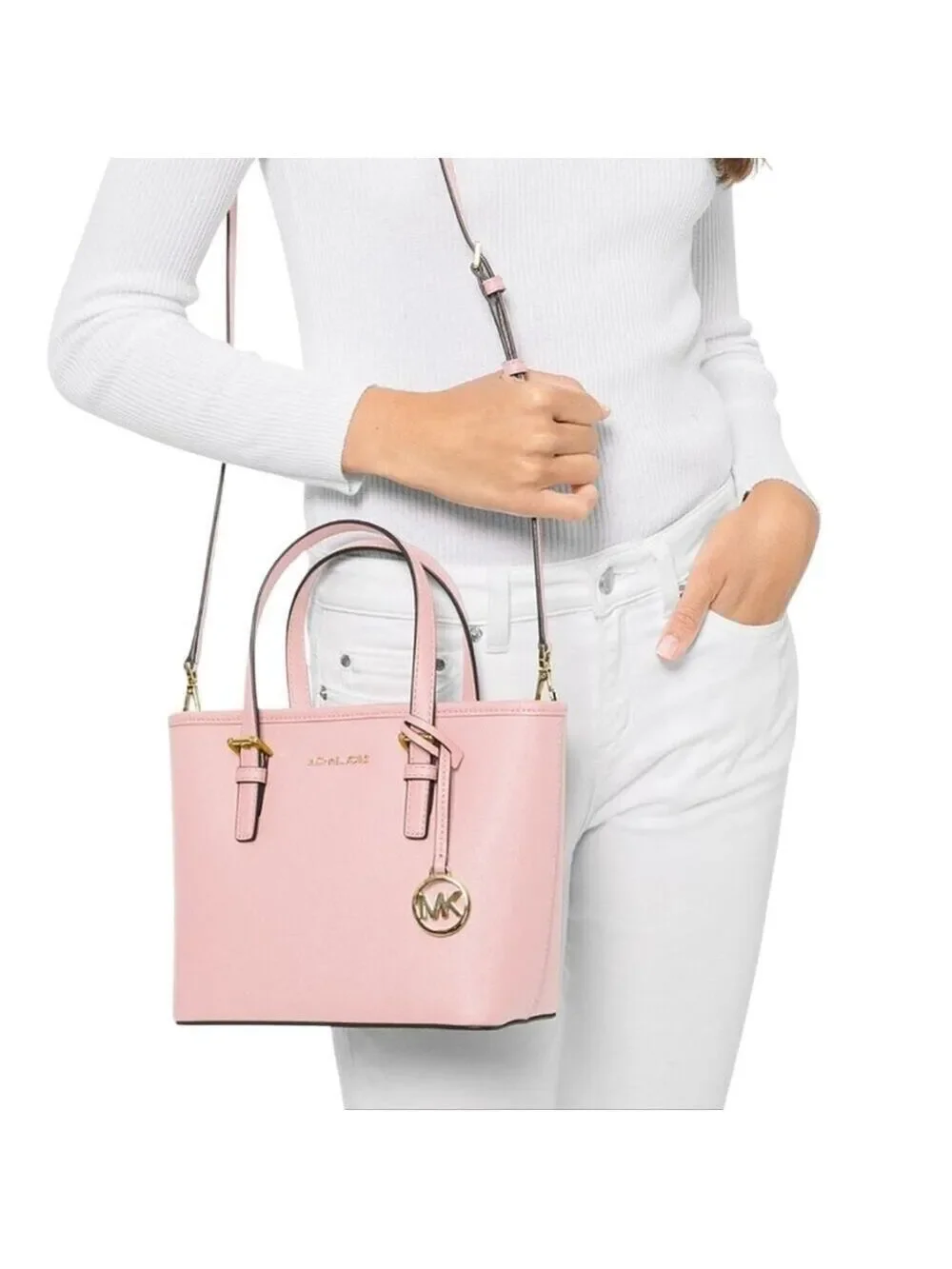 Michael Kors Saffiano Leather Top Zip Tote Bag Pink